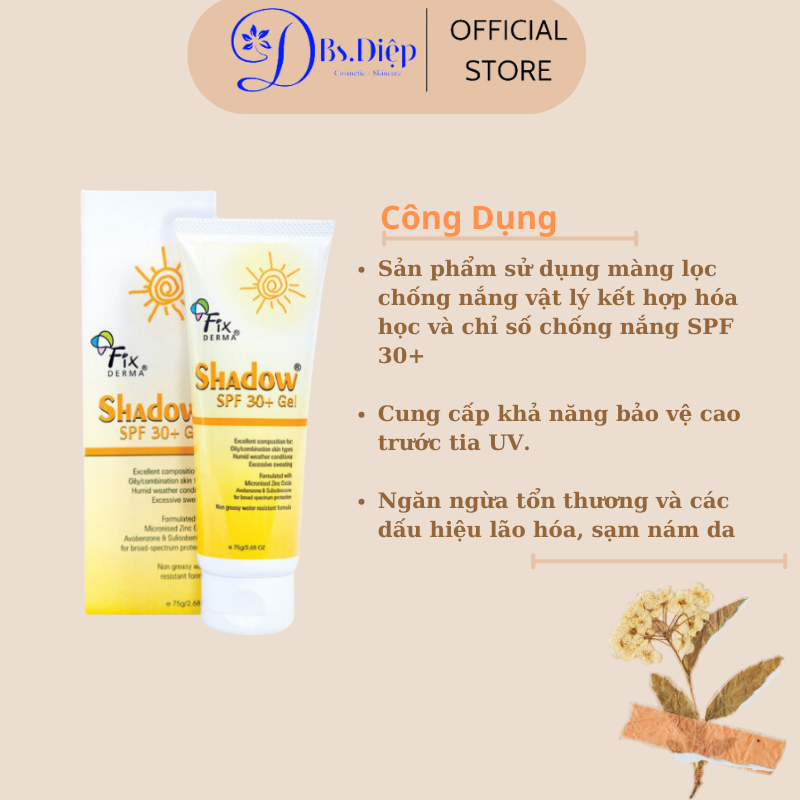 Kem chống nắng dạng gel thẩm thấu nhanh dành cho da dầu mụn nhạy cảm Fixderma Shadow SPF 30+ Gel 75g