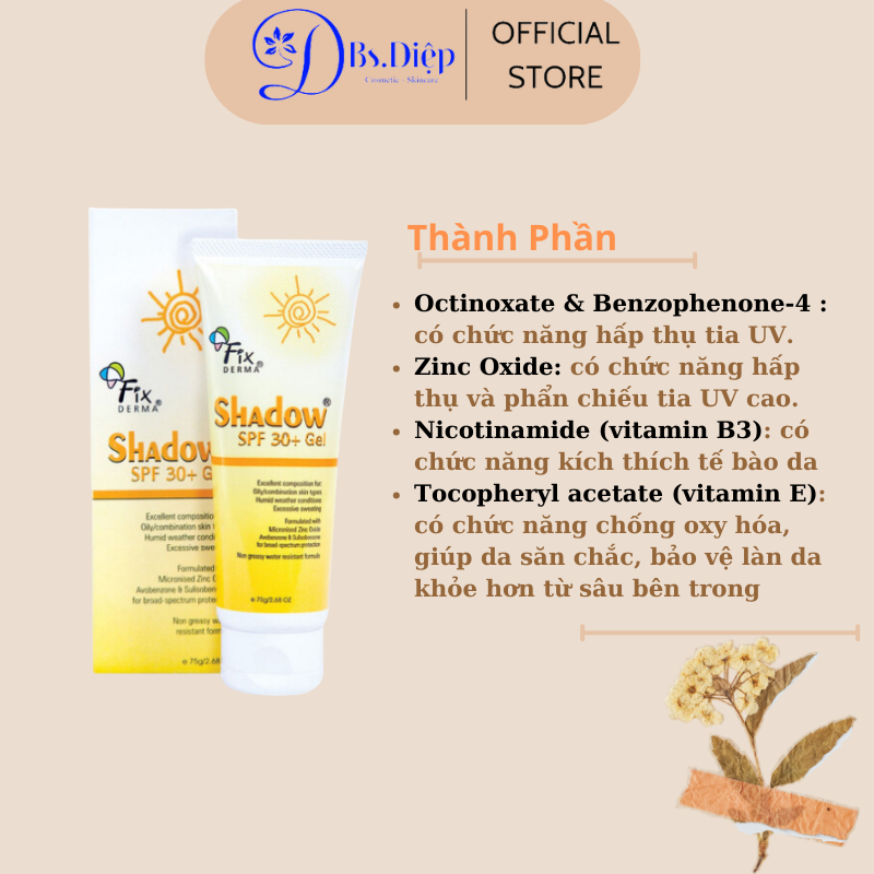 Kem chống nắng dạng gel thẩm thấu nhanh dành cho da dầu mụn nhạy cảm Fixderma Shadow SPF 30+ Gel 75g