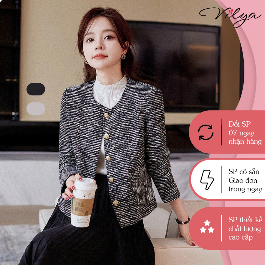 Áo khoác nữ dạ tweed dáng ngắn nữ VILYA công sở cổ tròn hai lớp sang chảnh phong cách Hàn Quốc VM23-140