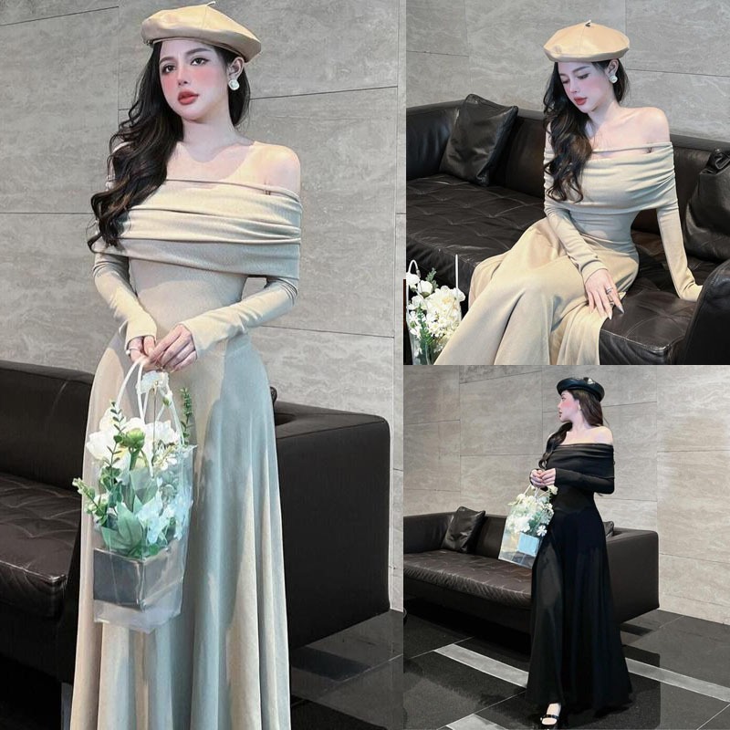056 Váy nỉ tăm dáng xòe bệt vai sang chảnh siêu xinh