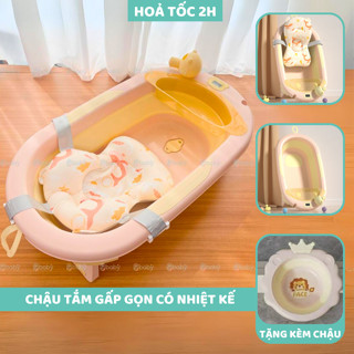 Chậu tắm kèm phao cá heo gấp gọn có nhiệt kế 9BABY màu hồng cam