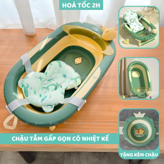  Chậu tắm  thau tắm gấp gọn size lớn có nhiệt kế kèm phao cá heo 9BABY màu xanh lá 