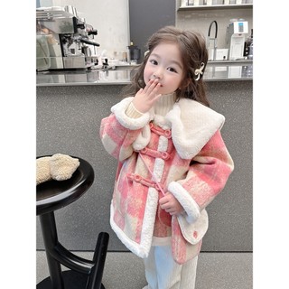 Áo khoác kẻ lông ép kèm túi đeo bé gái qccc
