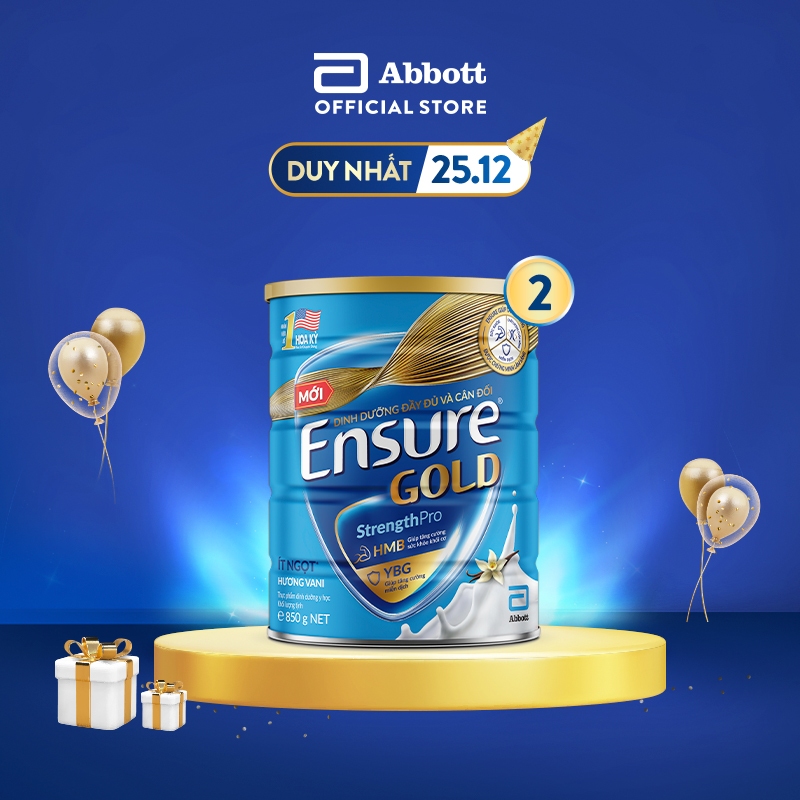 Combo 2 Lon Sữa bột Ensure Gold Abbott Hương Vani Ít Ngọt (HMB+YBG) 850g