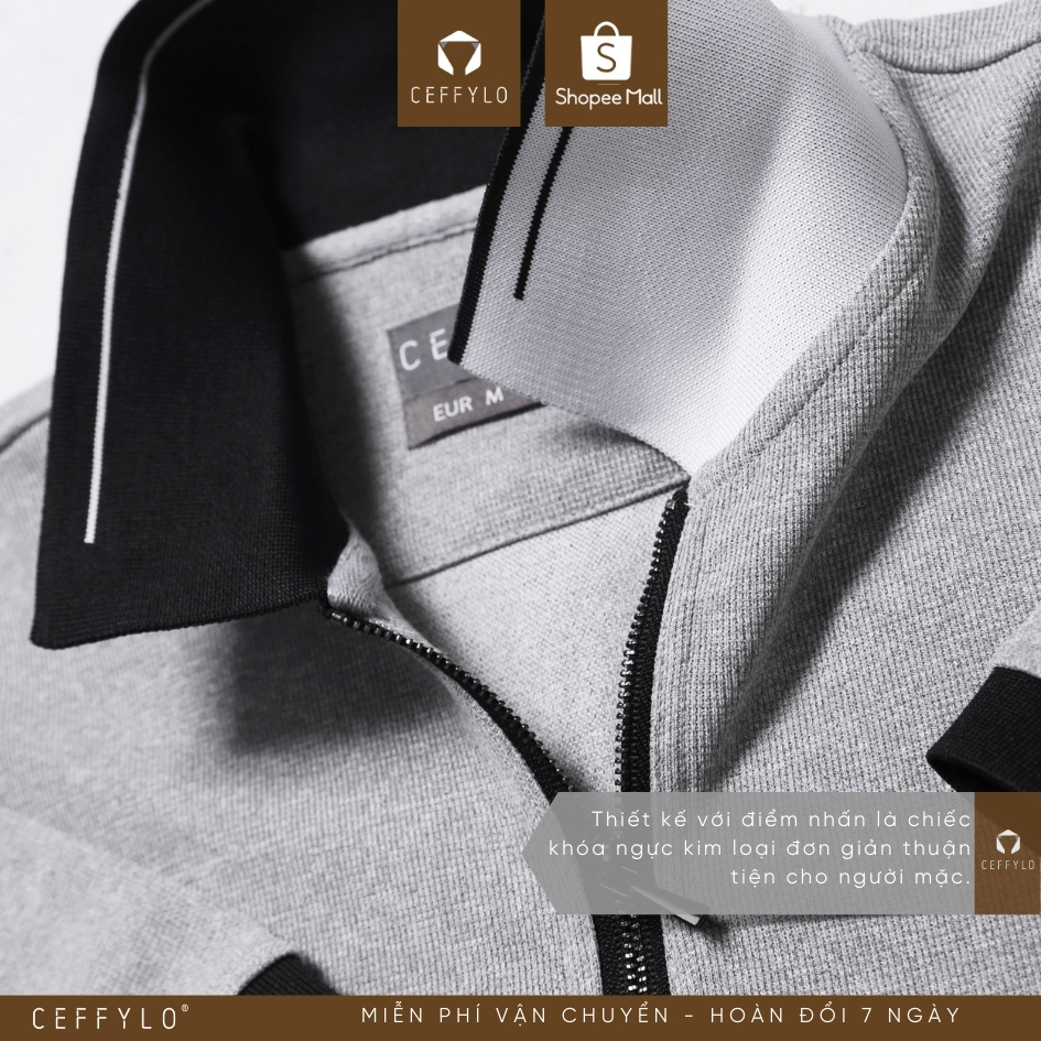 Áo polo cộc tay nam CEFFYLO With Zip chất vải cotton thoáng khí hạn chế nhăn phom slimfit kiểu dáng basic thời trang nam