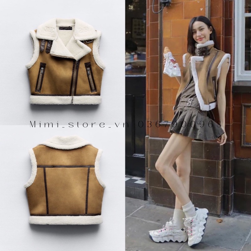 (SẴN) Áo GILE ZR nữ da lộn dáng ngắn lót lông cừu xuất chuẩn tag/ Áo len dệt kim nữ cổ sen tơ 3 tầng