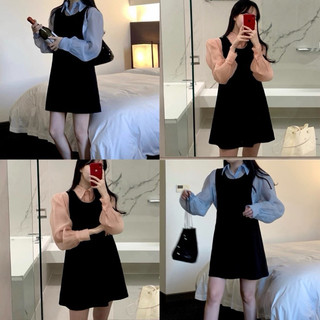 Váy yếm nhung mix sơ mi tơ tiểu thư