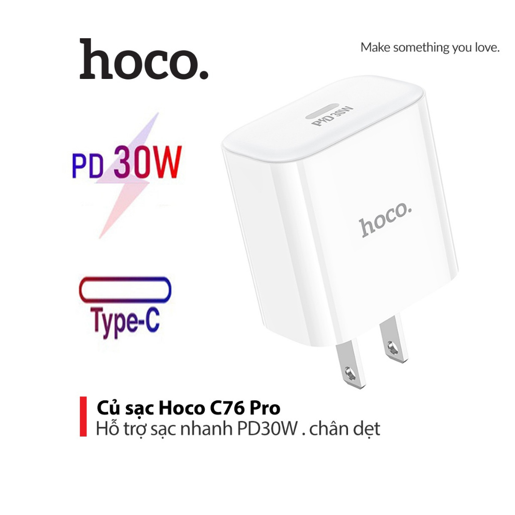 Củ sạc nhanh PD30W Hoco C76 Pro chân dẹt 1 cổng Type-C chất liệu PC cao cấp