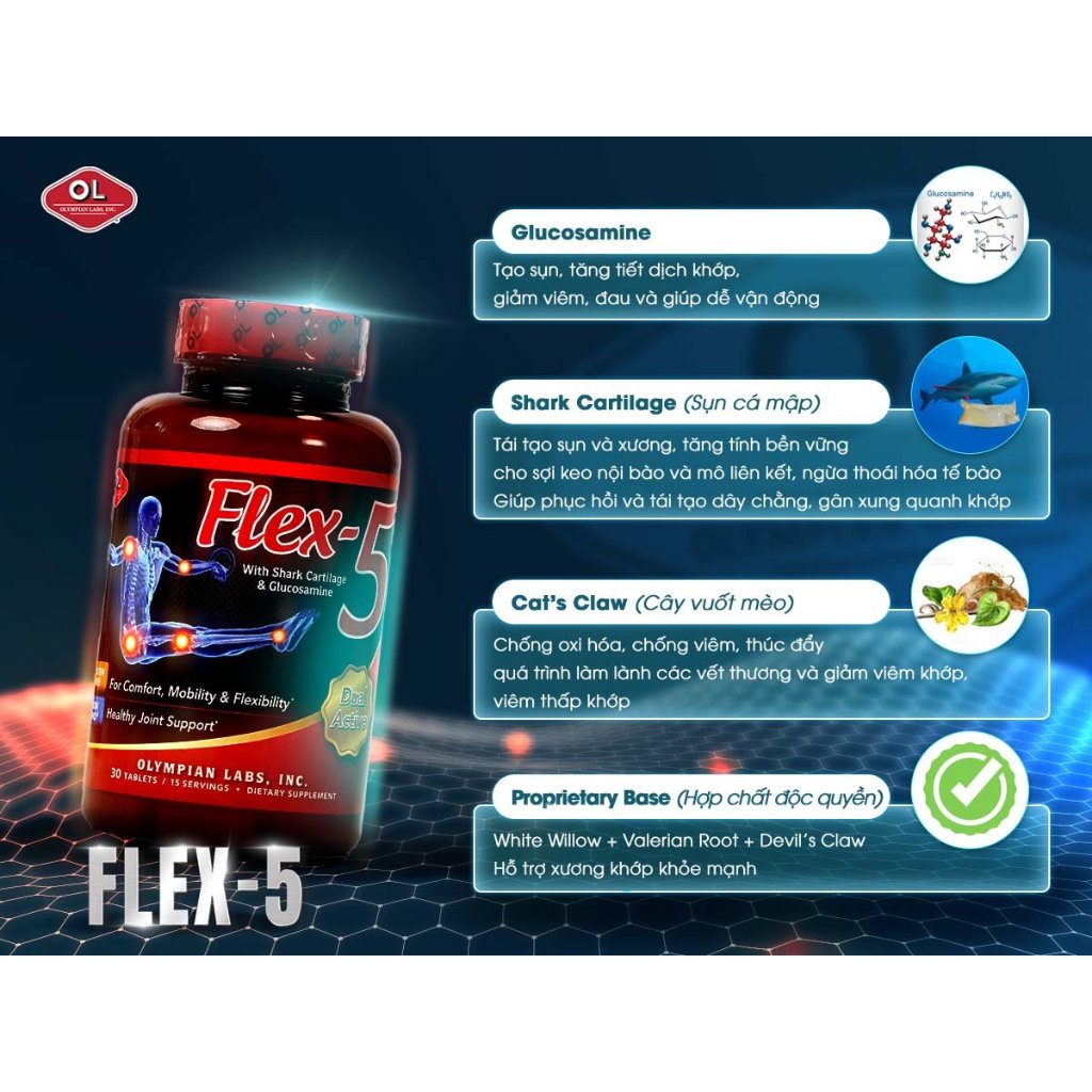 Viên Uống Olympian labs Flex-5 Hỗ Trợ Giảm Viêm, Tái Tạo Sụn Khớp  30 Viên