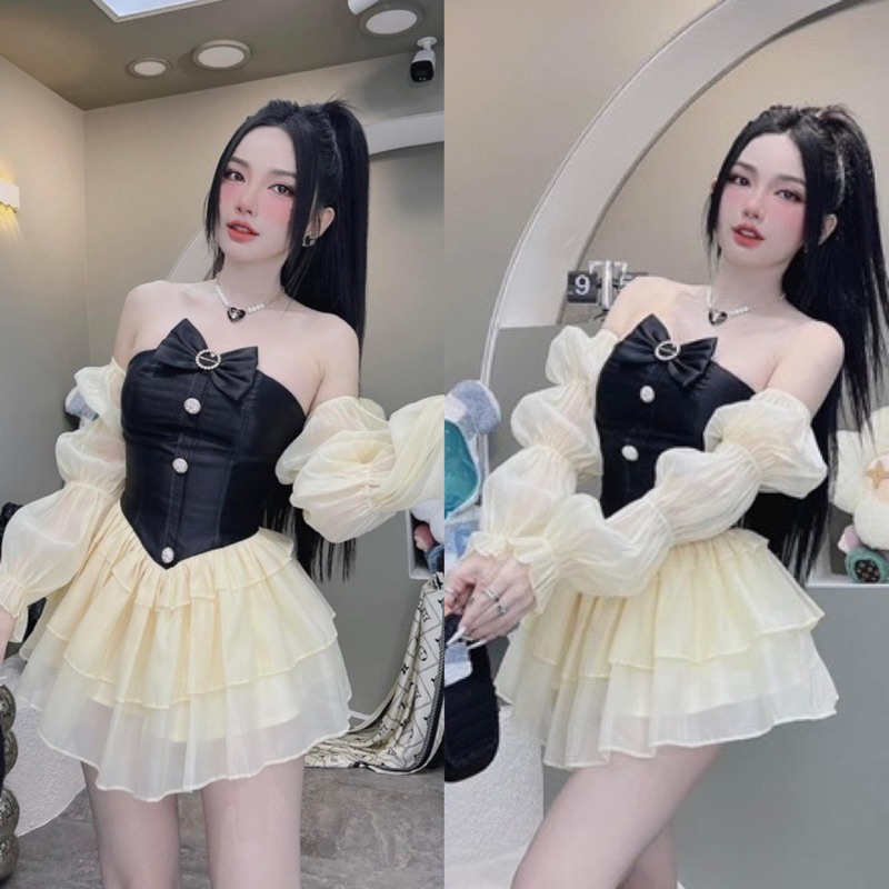 ĐẦM ĐI TIỆC BỆT VAI PHỐI TƠ ĐÍNH NƠ DÁNG NGẮN XẾP TẦNG