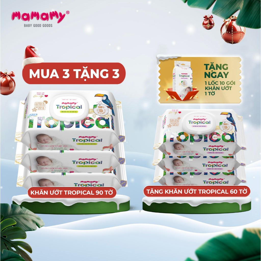 Combo 3 Khăn giấy ướt 100% sợi tự nhiên và rayon Mamamy Tropical 90 tờ tặng 3 gói 60 tờ