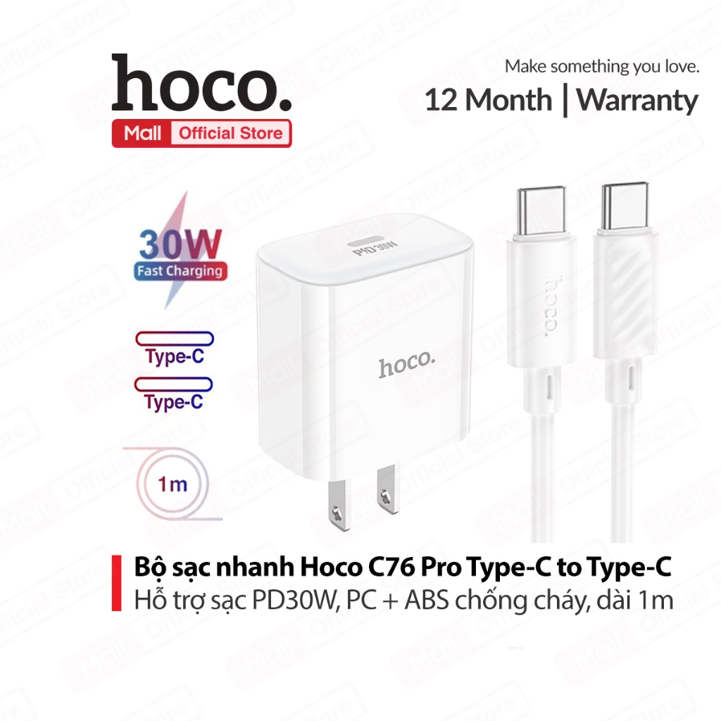 Bộ sạc nhanh PD30W Type-C to Type-C Hoco C76 Pro , PC + ABS chống cháy , Android/ip15/15promax/15pro,dài 1m
