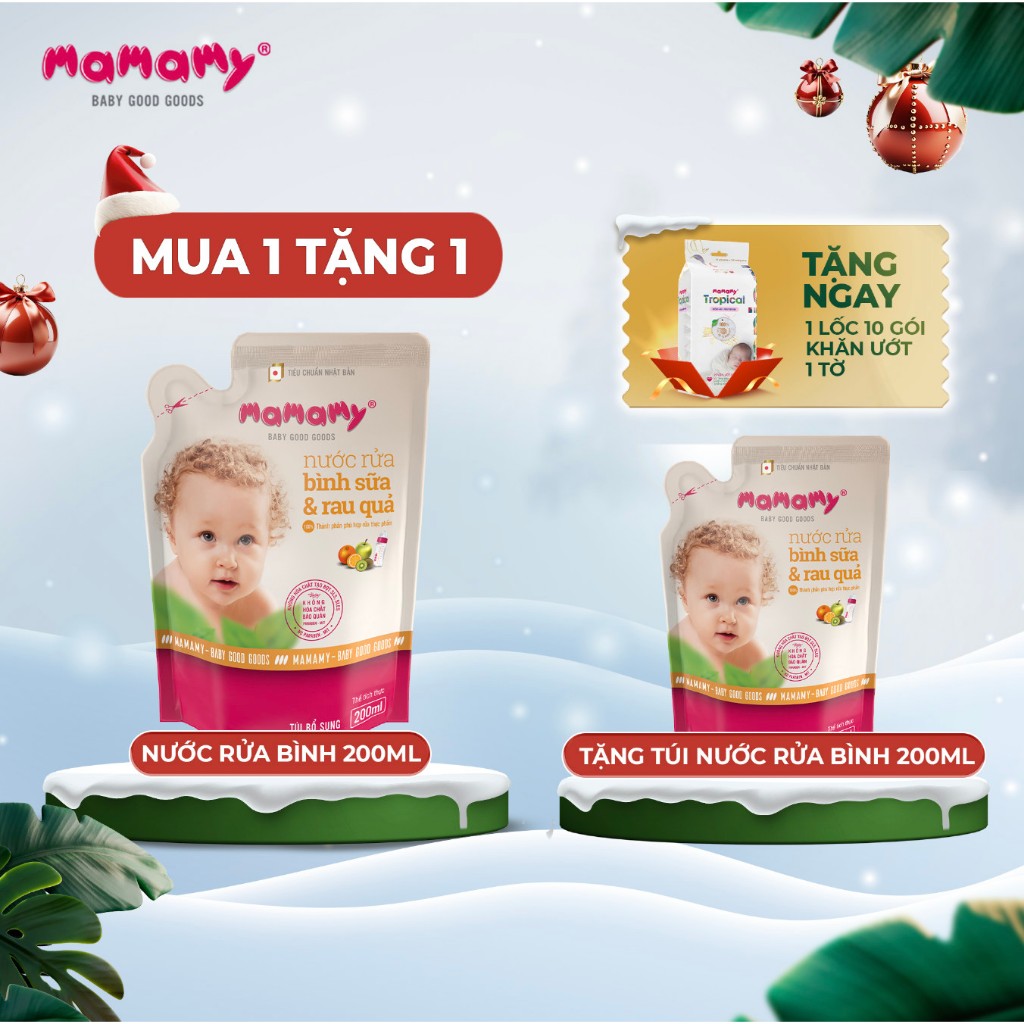 Mua 1 Túi Nước rửa bình sữa và rau quả lành tính Mamamy an toàn cho cả trẻ sơ sinh 200ml tặng 1 túi cùng loại