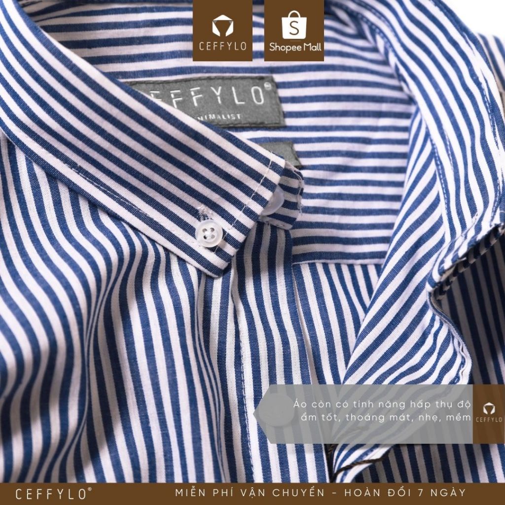 Áo Sơ Mi Nam Cotton Ceffylo Kẻ Sọc Màu Xanh Đậm Chất Thoáng Mát Form Slimfit Thấm Hút Mồ Hôi Tốt Thời Trang Nam