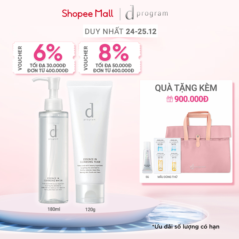 Combo Nước tẩy trang và Sữa rửa mặt dưỡng da Dprogram Essence Cleansing (180ml + 120g)