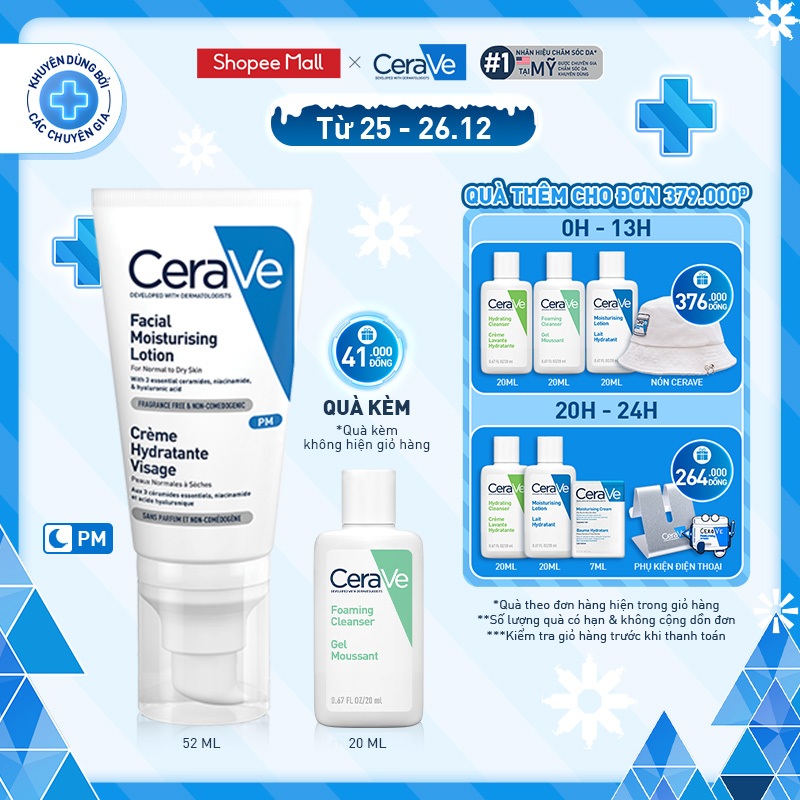 Bộ sản phẩm Cerave Sữa dưỡng ẩm ban đêm (52ml) & sữa rửa mặt làm sạch sâu cho da dầu