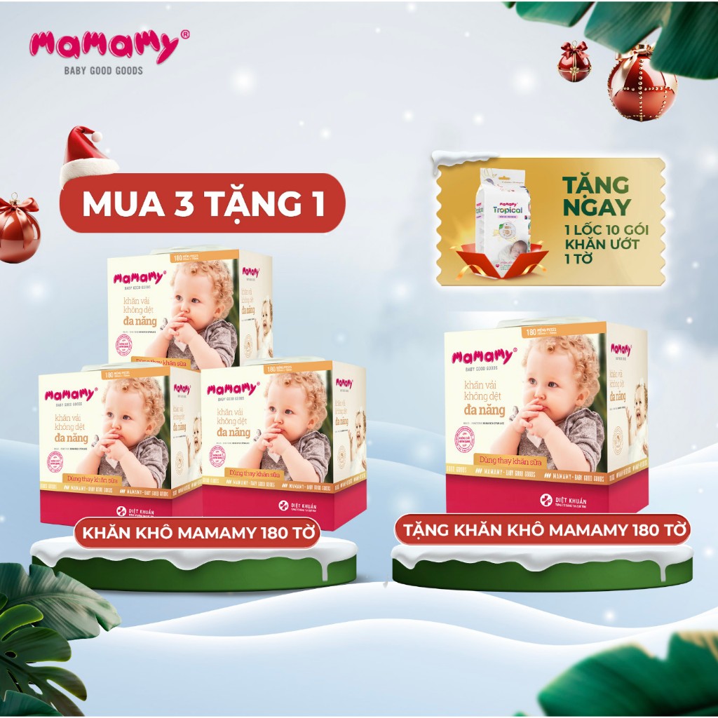 Combo 3 Khăn khô đa năng diệt khuẩn tia cực tím Mamamy Dùng thay khăn sữa an toàn cho bé 180 tờ