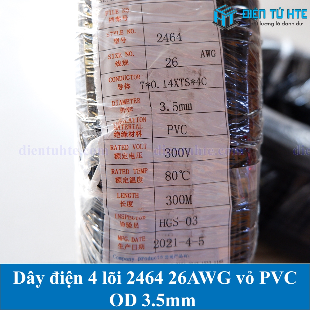 Dây tín hiệu 4 lõi 2464 26AWG 7*0.14TS 0.12mm2 OD 3.5mm vỏ PVC 80 độ