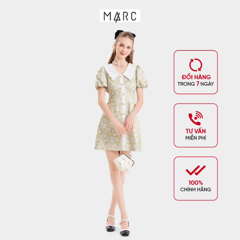 Đầm Kiểu Nữ MARC FASHION Mini Form A Họa Tiết Tay Phồng Phối Lá Cổ - FASH102023