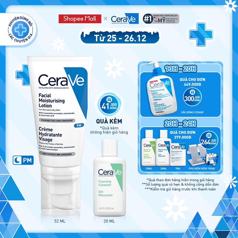 Bộ sản phẩm Cerave Sữa dưỡng ẩm ban đêm (52ml) & sữa rửa mặt làm sạch sâu cho da dầu