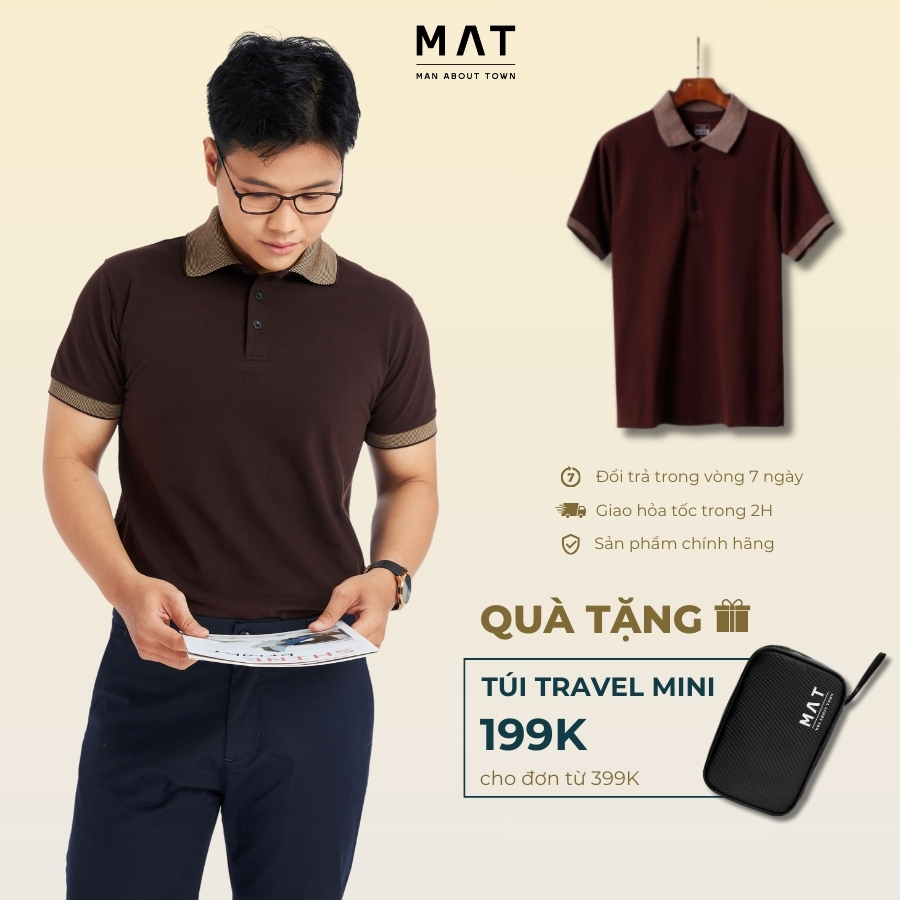 Áo polo nam MAT màu WOODY BROWN cổ bẻ dệt kim chất liệu cotton cao cấp, nam tính