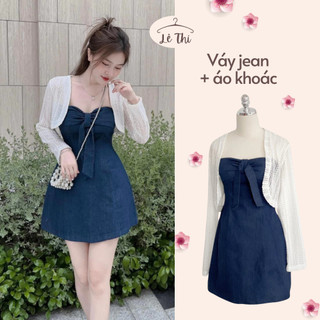 Váy jean cúp ngực thắt nơ kèm áo khoác len phong cách Hàn Quốc siêu dịu dàng | Lê Thi Clothing