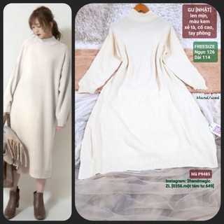 Đầm, Váy len Nhật [hiệu GU], suông xẻ tà dáng dài, màu kem, len knit mịn 1 lớp co giãn, freesize, 2hand, used, 9485
