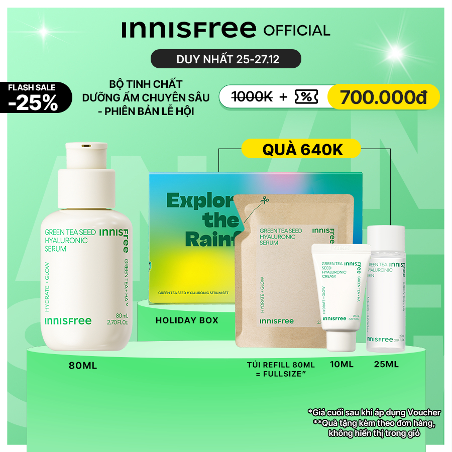 HOLIDAY SET - Bộ Tinh chất dưỡng ẩm INNISFREE Green Tea Seed Hyaluronic Serum có refill phiên bản lễ hội