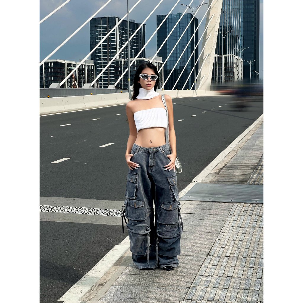 Quần jeans unisex màu xám local brand HUGU - KENJA - chất liệu denim, form rộng, wash vải, túi hộp, nút kim loại