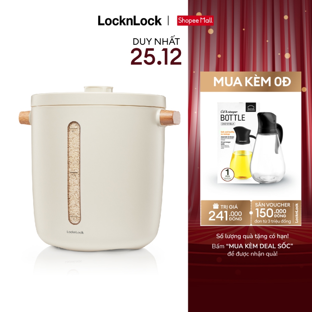 Thùng đựng gạo chân không Lock&Lock Vacuum Rice Keeper 12L - màu trắng EJR983WHT