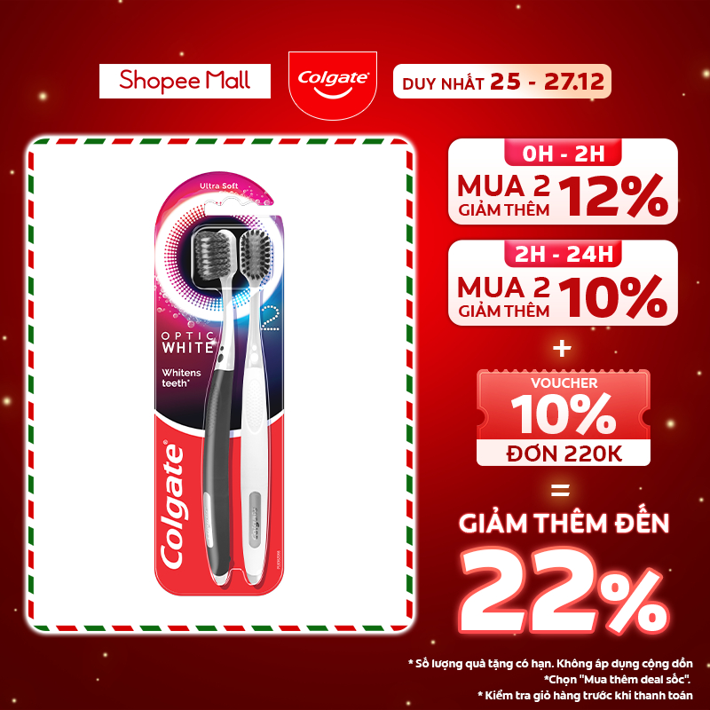 Bộ 2 bàn chải Colgate trắng răng Optic White với lông chải 2 tầng sạch vượt trội, loại bỏ vết ố