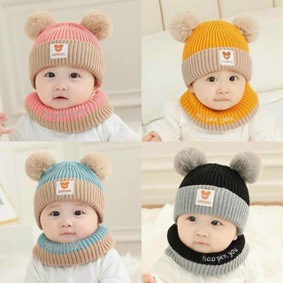Mũ nón len hai quả bông kèm khăn cổ gân trơn MÃ-MS02 cho bé trai bé gái