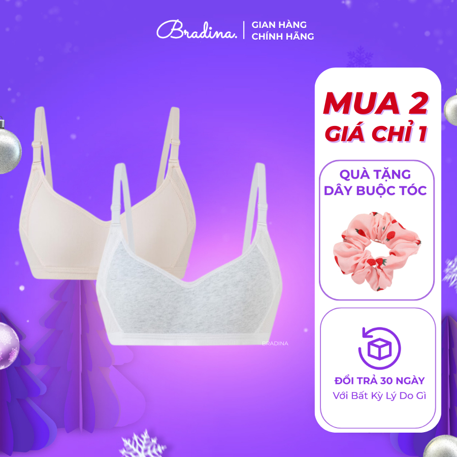 Combo 2 Áo lót nữ không gọng đệm mỏng Bradina Cotton Basic, phối lưới thoáng khí ALKG5