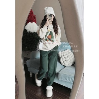Set bộ đồ nữ áo nỉ dáng dài in hình cây thông xanh có mèo mix quần xuong bomm gấu freesize
