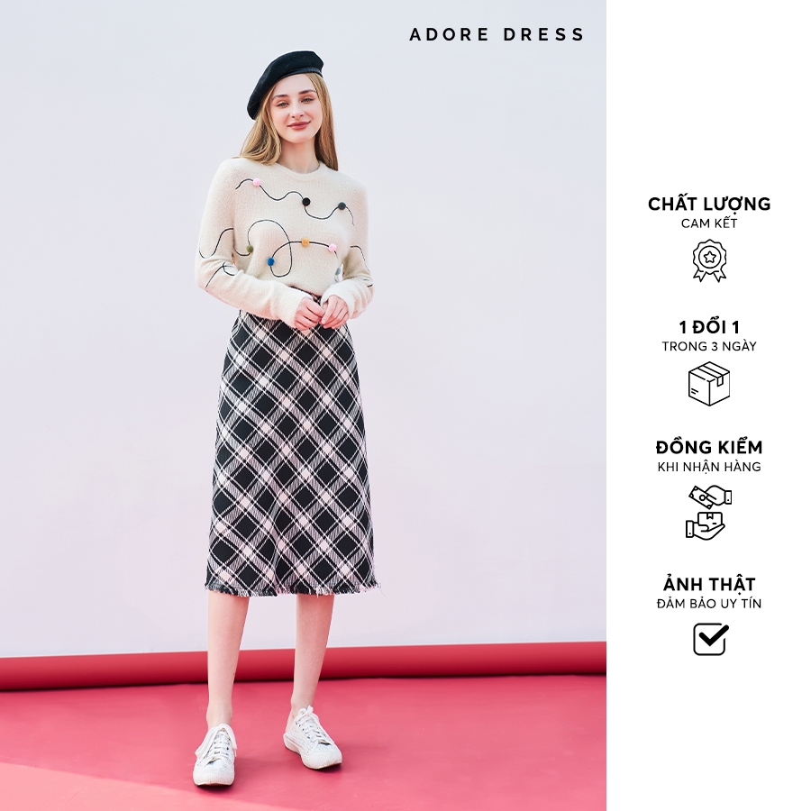 Chân váy midi dạ karo đen trắng xéo kẻ 312SK2083 ADORE DRESS