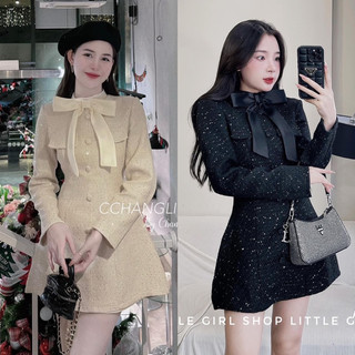 Váy dạ kim tuyến cổ nơ tiểu thư vdktcn