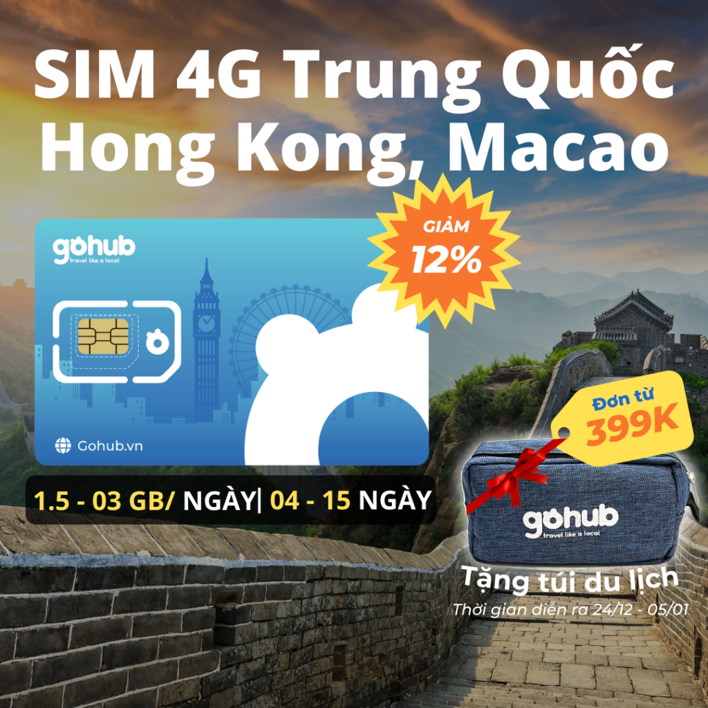 [GOHUB] SIM 4G du lịch Trung Quốc, Hong Kong, Macao - Gói theo ngày (5 - 15 ngày) - Tặng que chọc SIM