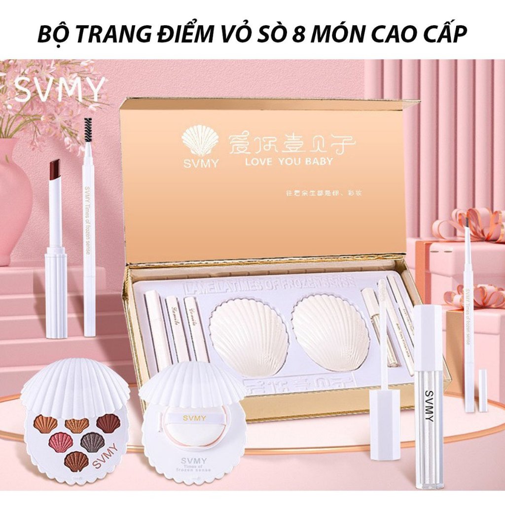Bộ trang điểm Vỏ Sò 8 món KÈM HỘP QUÀ CAO CẤP cơ bản cushion phấn phủ son mascara kẻ mày kẻ mắt bộ makeup beautycn
