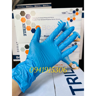 Găng Tay Nitrile Xanh Không Bột Bee Gloves 100c (50 đôi) 23cm Dày 0.05mm Chế Biến Thực Phẩm, Xăm, Nha Khoa Spa