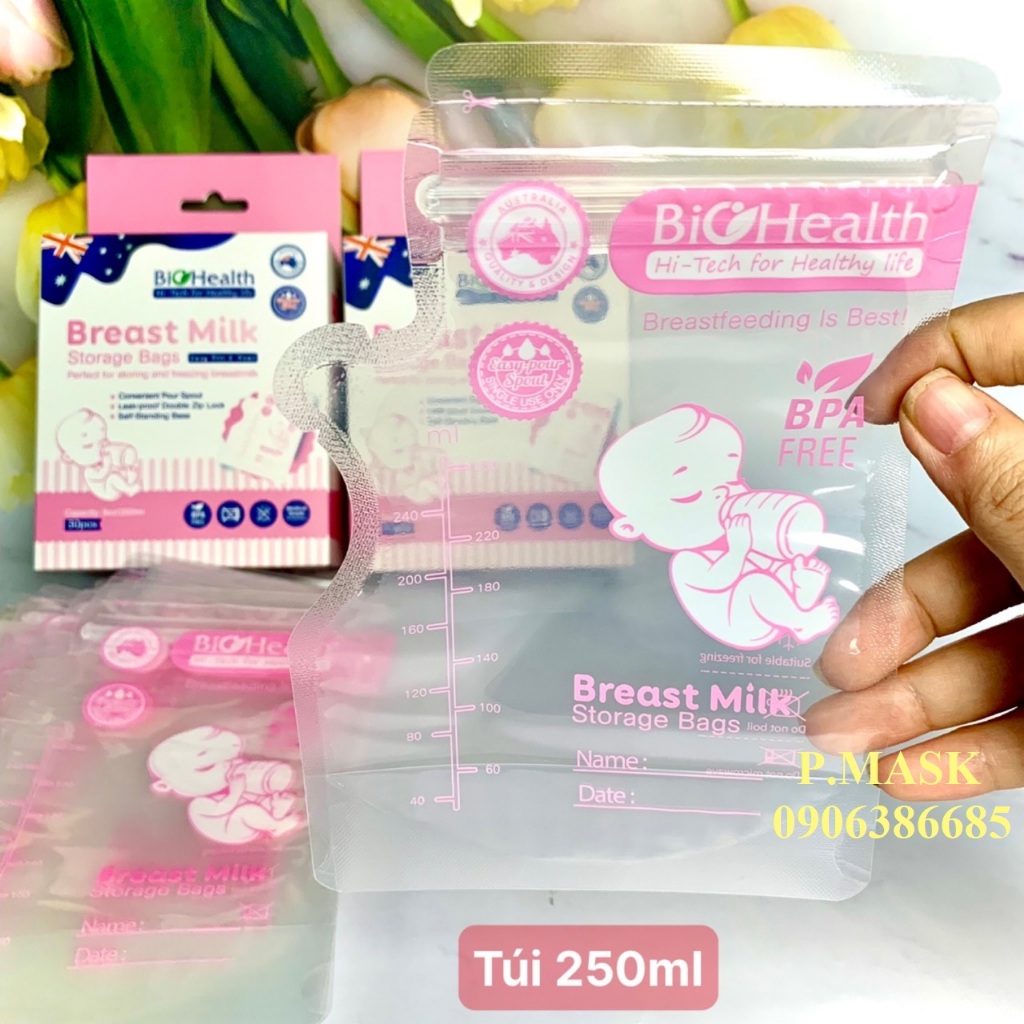 TÚI TRỮ SỮA BIOHEALTH 150ML / 250ML nhựa cao cấp an toàn cho bé 30 túi/ hộp