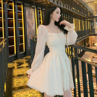 Đầm dự tiệc trắng nhúng kiểu tay dài, váy vintage phong cách hàn quốc xuongvnxk