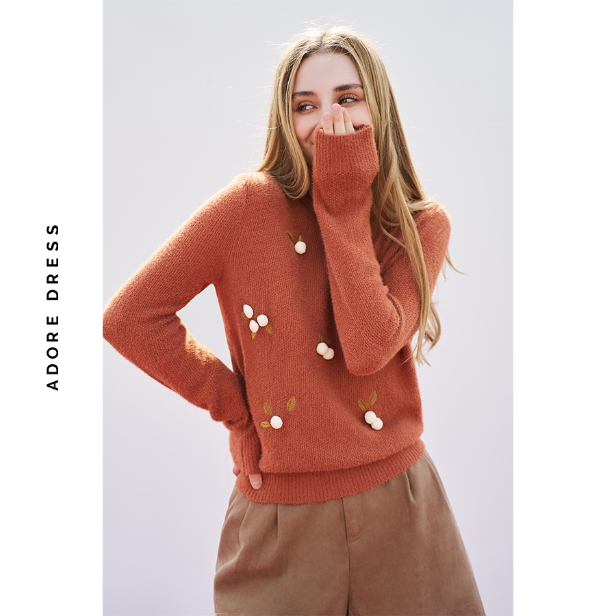 Áo len lông cáo thêu lá gắn pompom màu cam 2ST1023 ADORE DRESS