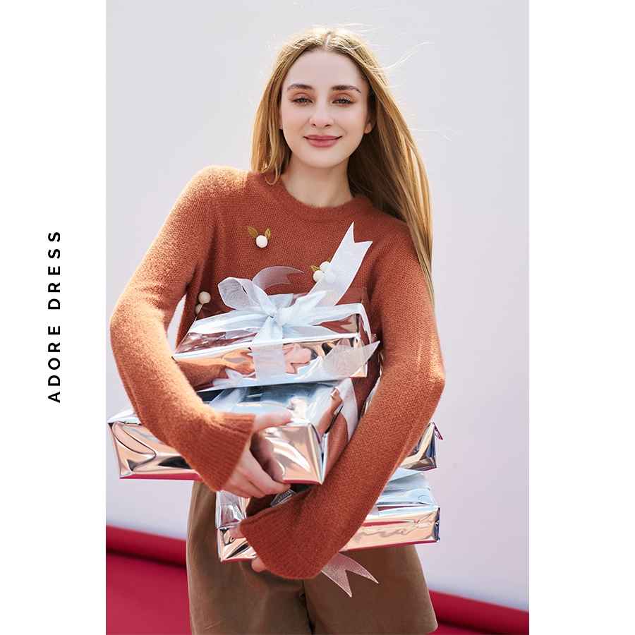 Áo len lông cáo thêu lá gắn pompom màu cam 2ST1023 ADORE DRESS