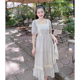 Váy suông maxi cổ vuông phối viền ren, mặc bầu, sau sinh, Chất Thô mềm, không nhăn nhàu, thời trang