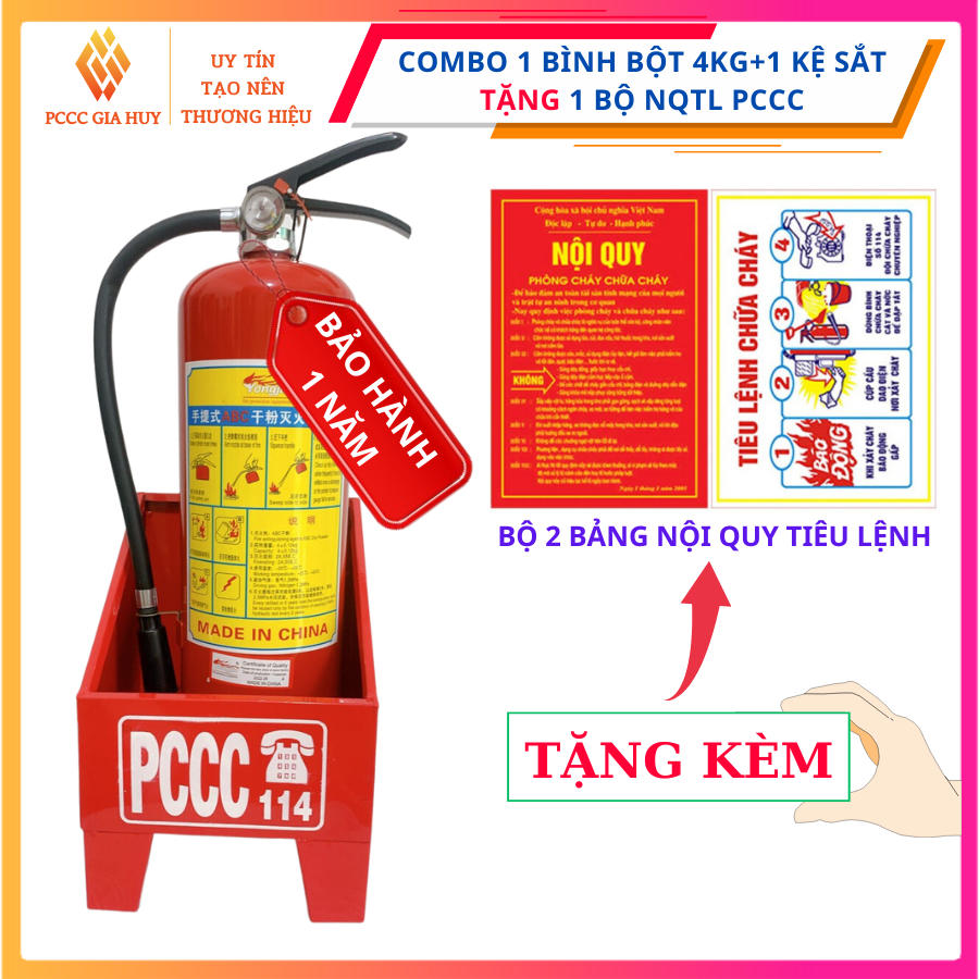 Bình cứu hoả, combo 1 bình chữa cháy bột 4kg+ kệ để bình pccc, tặng bộ nội quy tiêu lệnh, dùng cho gia đình và cơ sở nhỏ