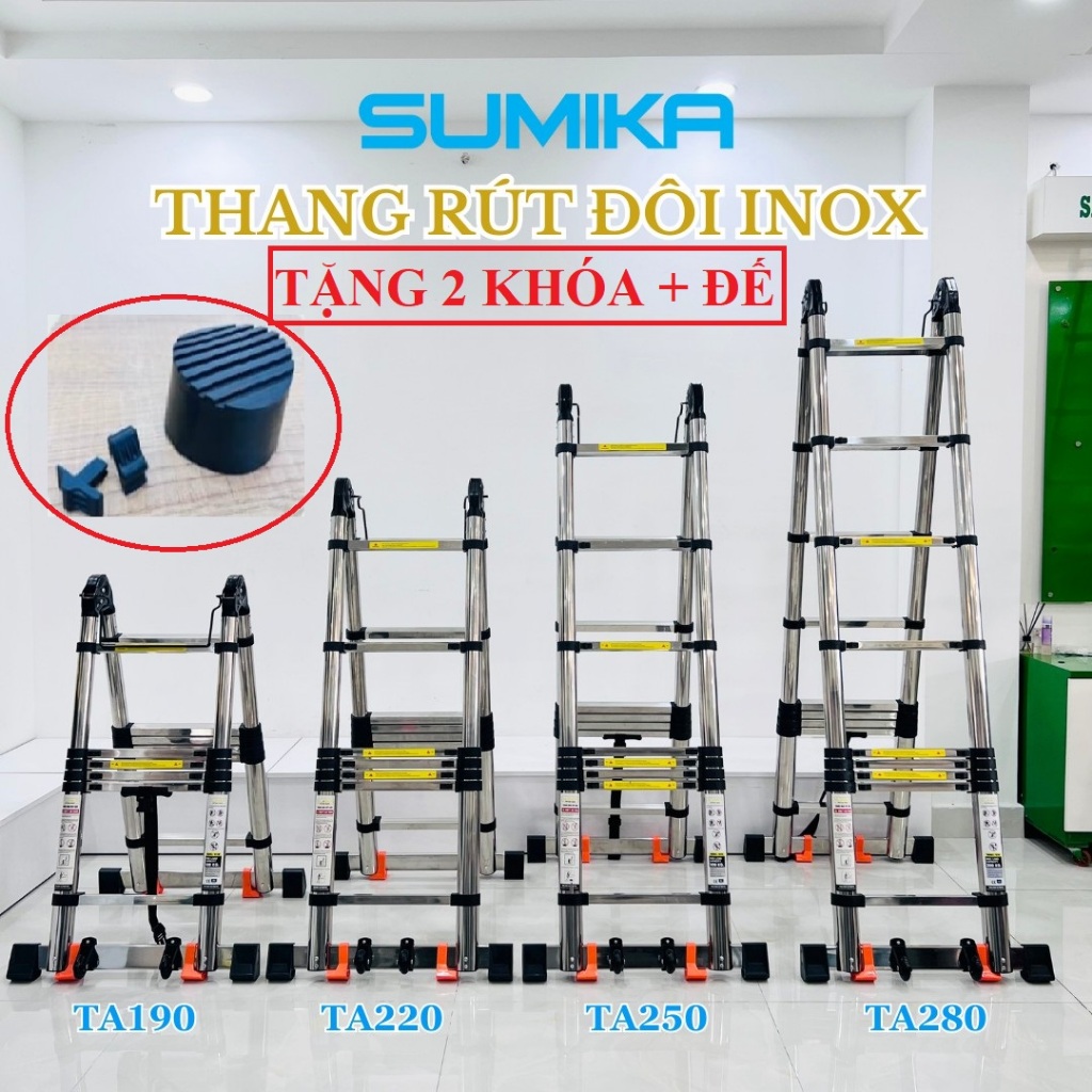 Thang INOX chữ A, Thang Rút Inox SUMIKA A1.9m -A2.8m, chữ I 3.8m- 5.6m, Công Nghệ Nhật Bản - tải 300kg, BH 24 tháng
