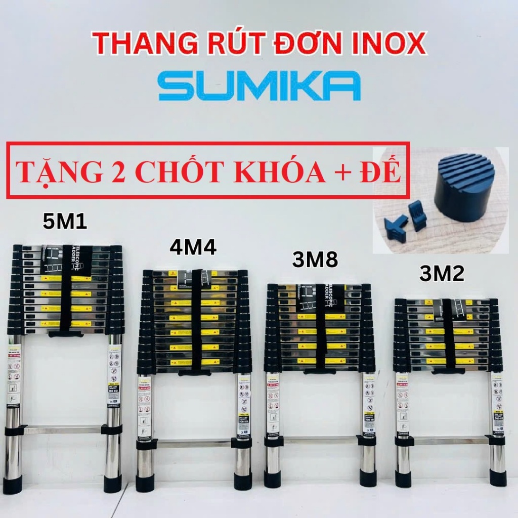 Thang INOX Rút Đơn, Thang Rút INOX SUMIKA Chiều Cao 3.2m Đến 5.1m -  Tải 300kg - Công Nghệ Nhật Bản -  Bảo Hành 24 Tháng