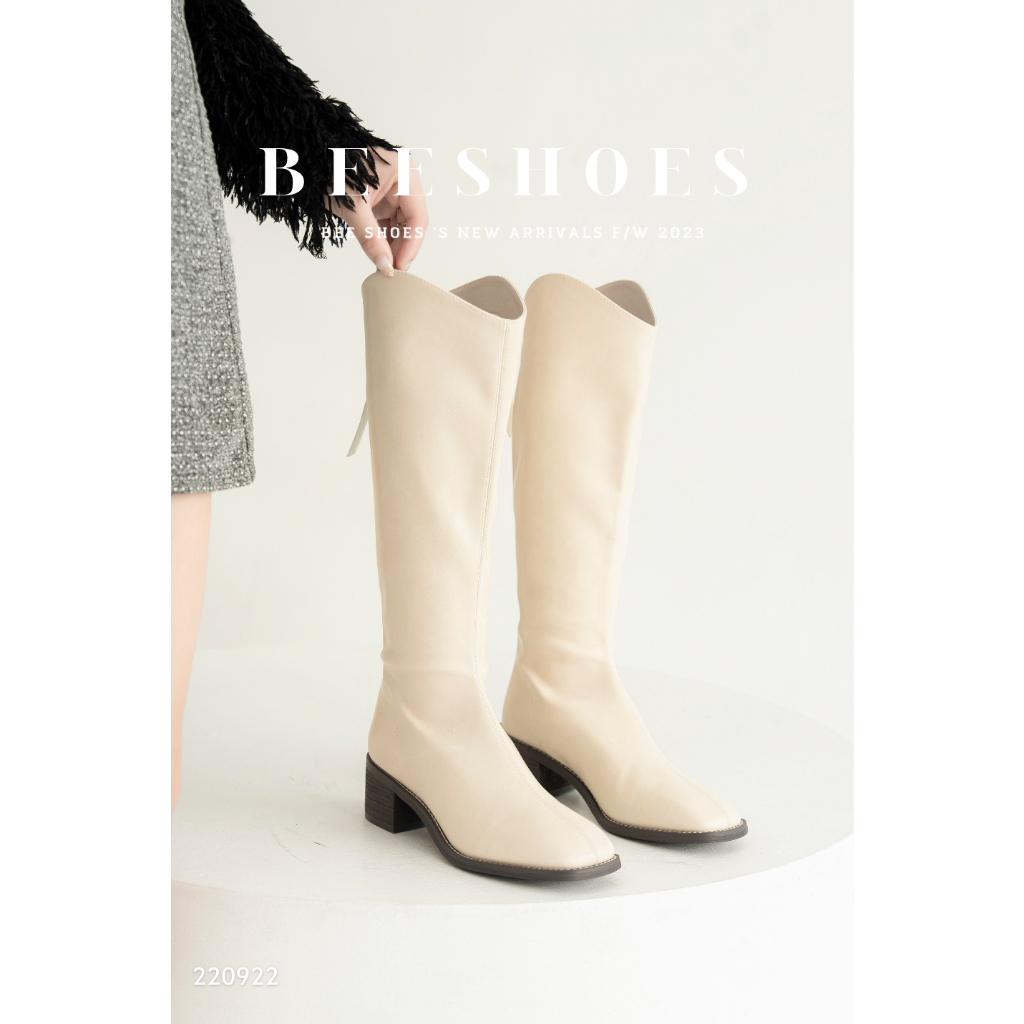 BOOT NỮ BEESHOES MŨI TRÒN DA LÌ - GIÀY BỐT NỮ ĐẾ CAO 5 PHÂN SẴN MÀU KEM ĐEN 220922 (FORM 1.5)