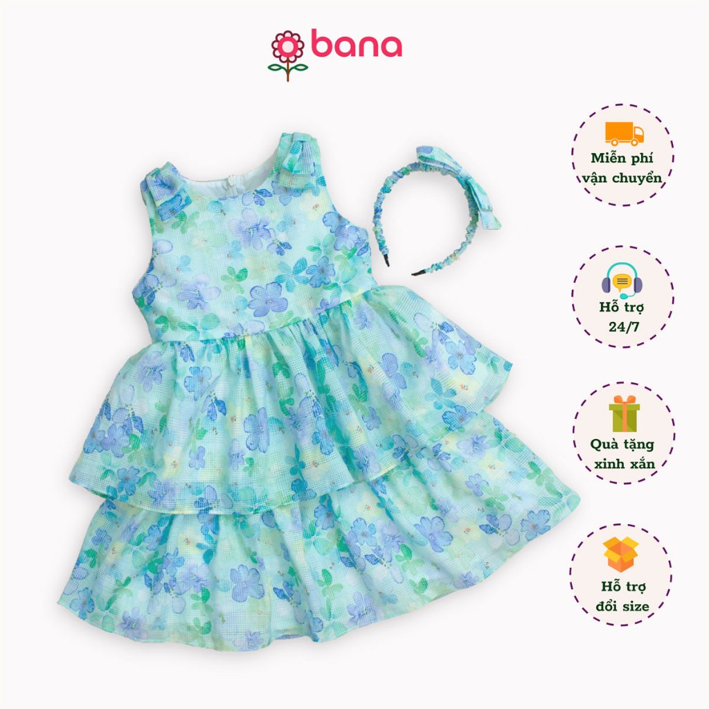 Đầm hoa 2 tầng phối nơ vai tặng kèm băng đô Bananè Kids váy công chúa sát nách cho bé gái - D16X