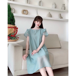 Váy bầu cộc tay công sở dáng suông chất liệu voan lụa M06
